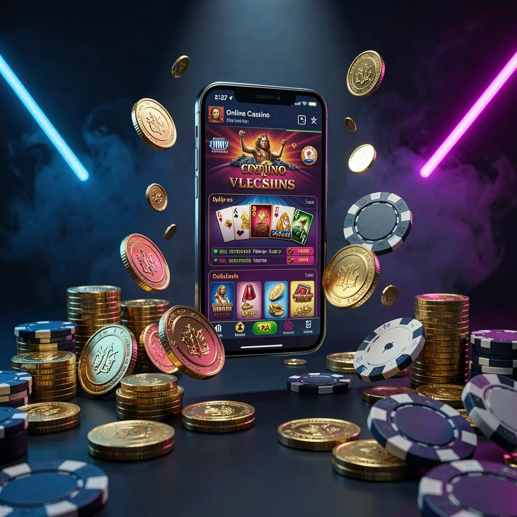 OK DD online casino app promotion banner showing a phone floating above golden coins and poker chips with a dark blue and black background and cinematic neon glow in a realistic 3D render
