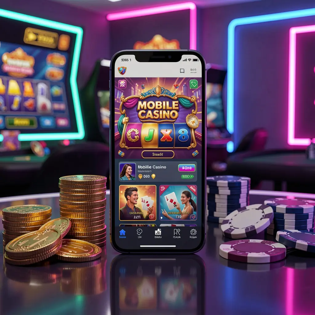 OK DD mobile casino dashboard on smartphone displaying colorful gaming interface with golden coins and poker chips on glossy table under elegant neon lighting