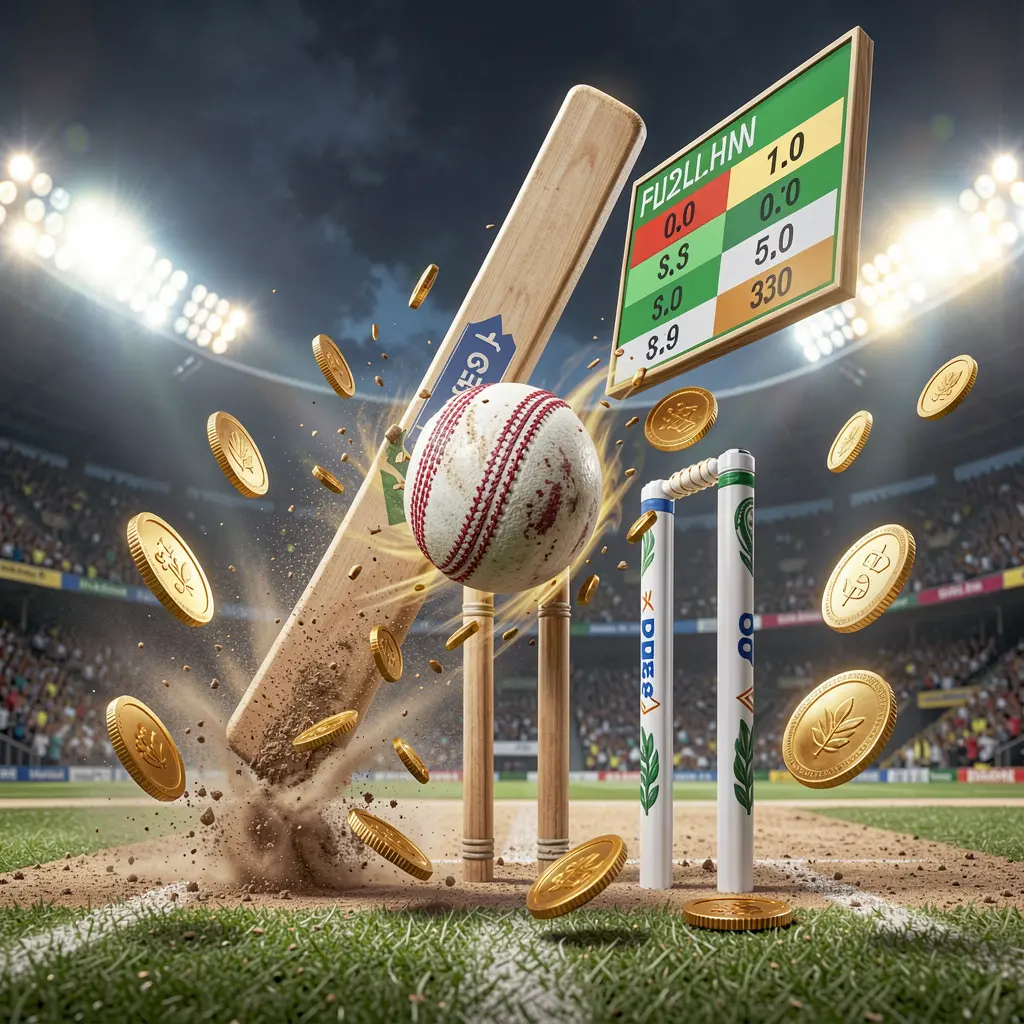 OK DD cricket match betting banner showing a cricket ball hitting the wickets with dynamic motion under stadium lights, featuring a floating odds interface and coins in a premium sports atmosphere OK DD cricket match betting banner showing a cricket ball hitting the wickets with dynamic motion under stadium lights, featuring a floating odds interface and coins in a premium sports atmosphere