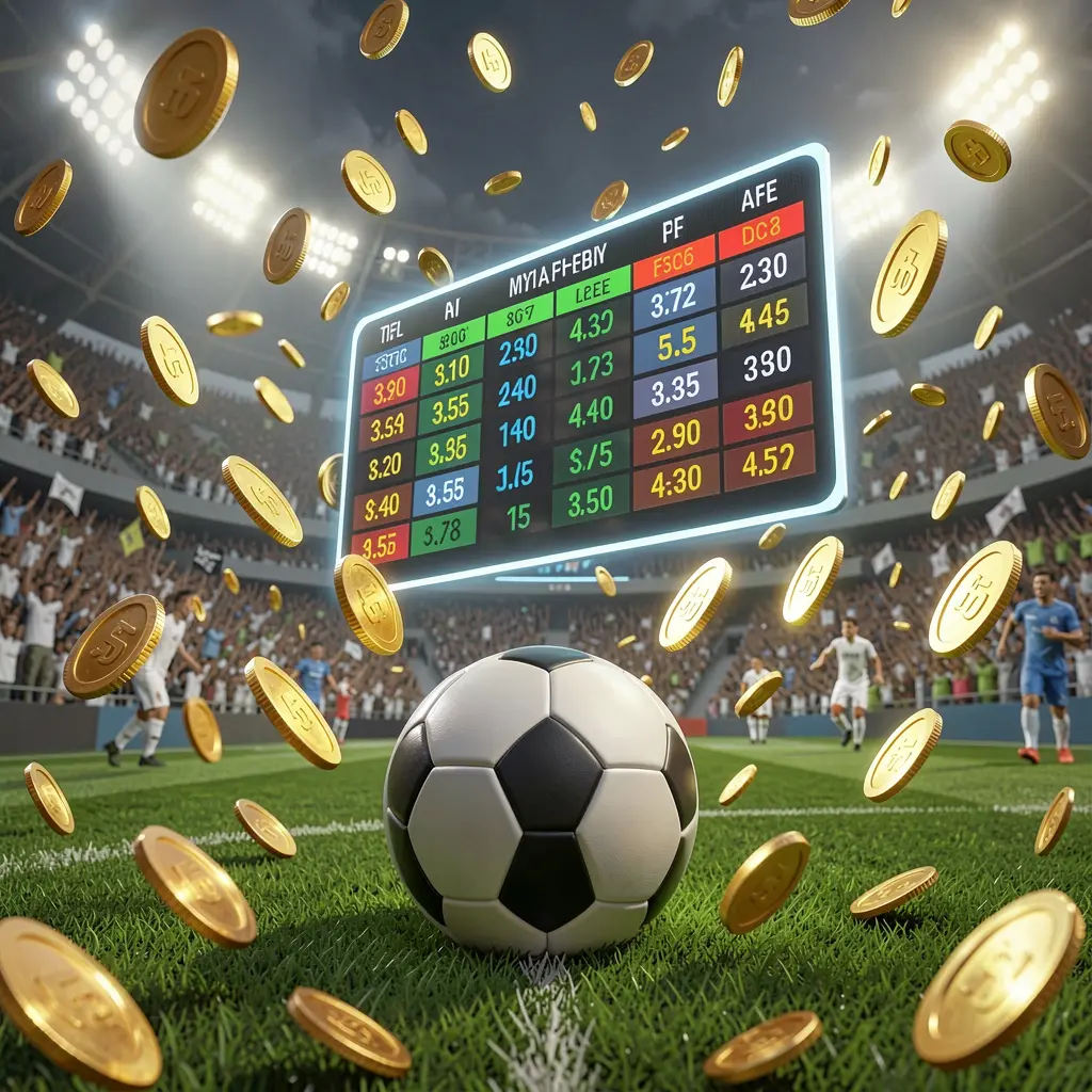 Realistic 3D illustration of a packed football stadium during a match with a soccer ball in the foreground, floating digital odds interface, and golden coins flying, showcasing OK DD sports betting page atmosphere Realistic 3D illustration of a packed football stadium during a match with a soccer ball in the foreground, floating digital odds interface, and golden coins flying, showcasing OK DD sports betting page atmosphere