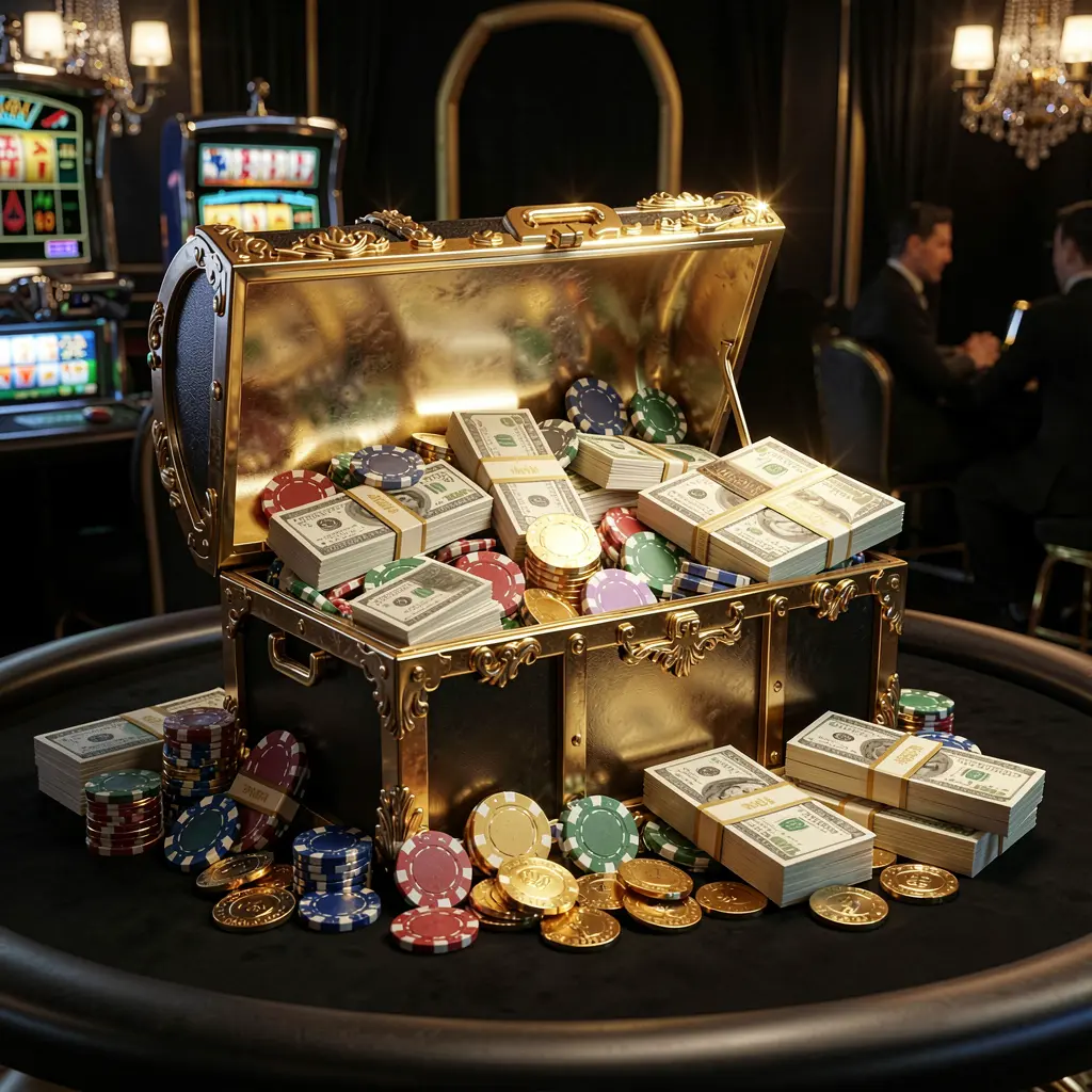 OK DD casino rewards scene featuring a golden treasure chest filled with chips, cash bundles, and sparkling coins in an elegant black and gold style with dramatic lighting OK DD casino rewards scene featuring a golden treasure chest filled with chips, cash bundles, and sparkling coins in an elegant black and gold style with dramatic lighting