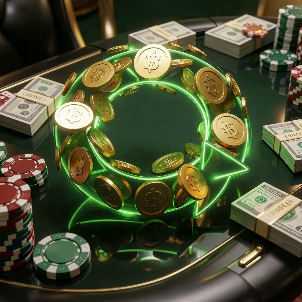 OK DD casino cashback bonus visual with golden coins returning in a circular arrow motion, poker chips and cash bundles on a glossy dark table with glowing green and gold accents in a premium online casino style OK DD casino cashback bonus visual with golden coins returning in a circular arrow motion, poker chips and cash bundles on a glossy dark table with glowing green and gold accents in a premium online casino style
