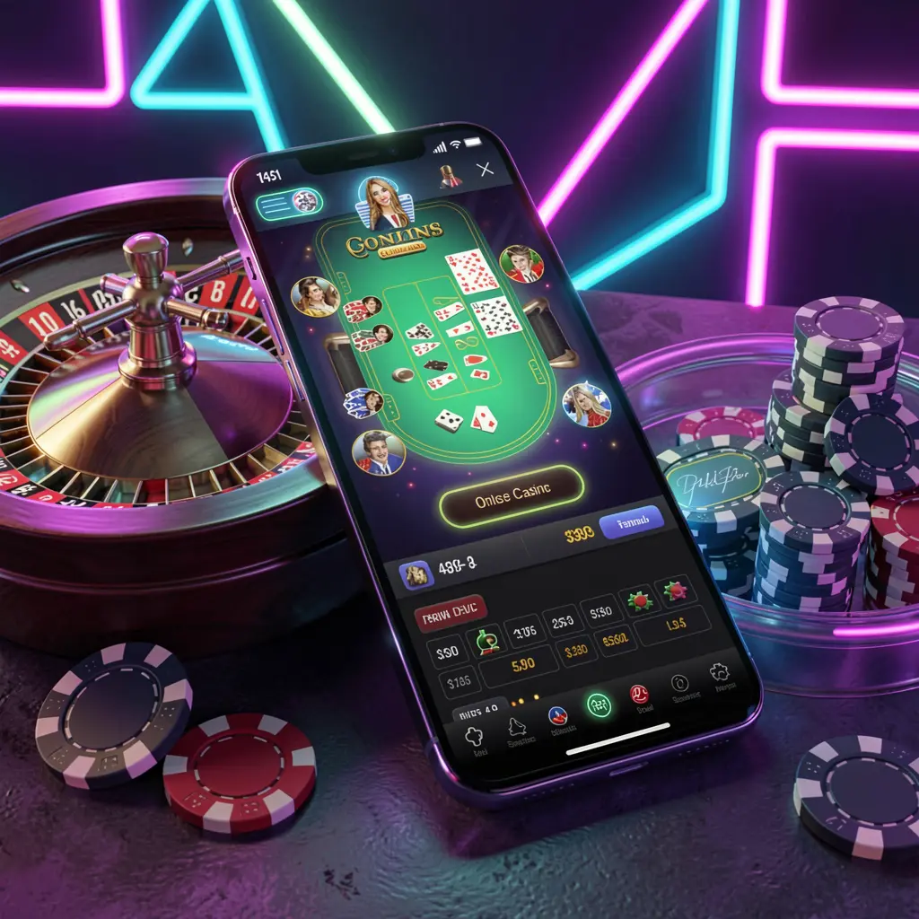 3D realistic render of a smartphone displaying a glowing online casino interface with a roulette wheel and poker chips, set against a premium neon background, showcasing the OK DD online casino platform 3D realistic render of a smartphone displaying a glowing online casino interface with a roulette wheel and poker chips, set against a premium neon background, showcasing the OK DD online casino platform