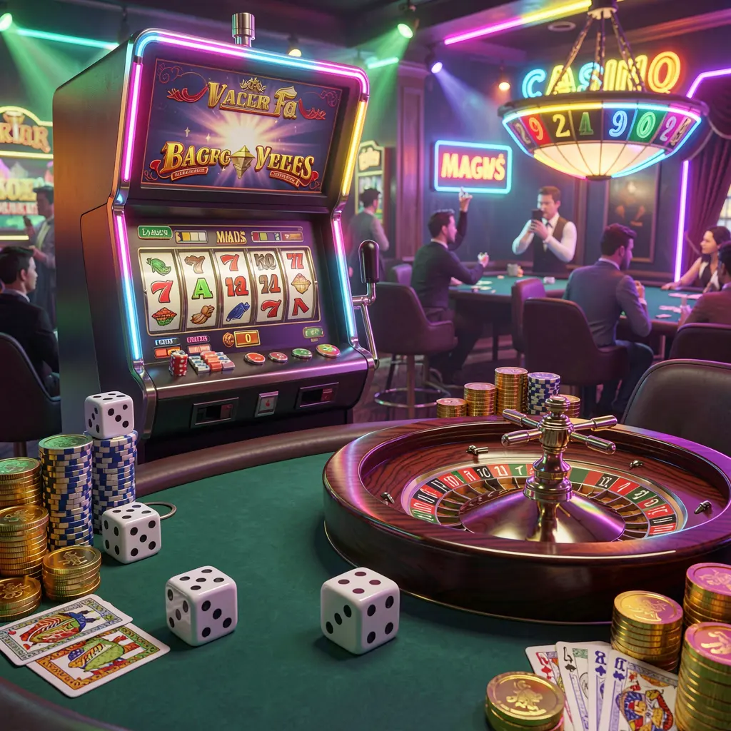 OK DD casino entertainment scene featuring a slot machine, roulette wheel, dice, cards, and golden coins under colorful neon lights creating an exciting premium atmosphere in a high quality 3D render OK DD casino entertainment scene featuring a slot machine, roulette wheel, dice, cards, and golden coins under colorful neon lights creating an exciting premium atmosphere in a high quality 3D render