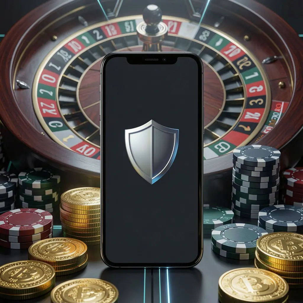 OK DD secure mobile casino login screen showing a phone with a shield icon, roulette wheel, poker chips, and golden coins in a dark cyber luxury atmosphere