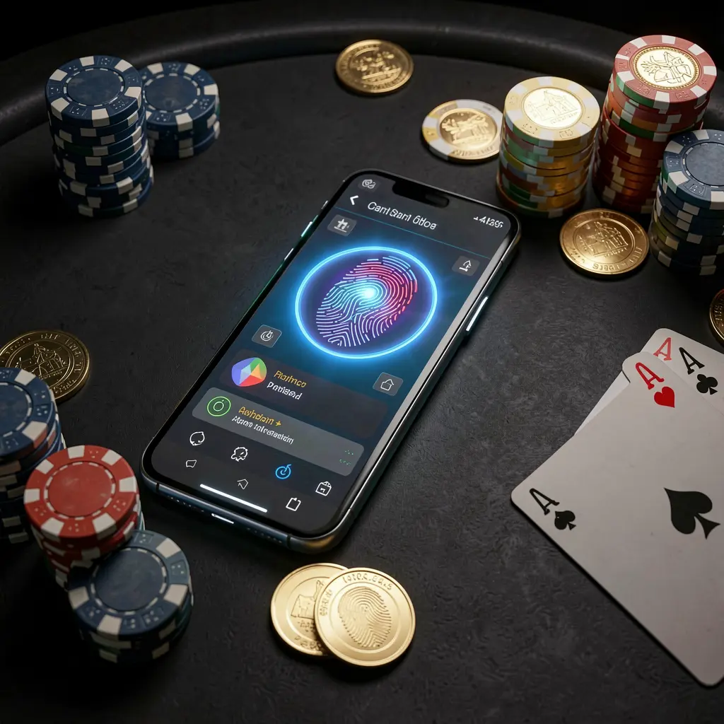 OK DD online casino authentication concept showing a phone with a glowing fingerprint scan on a premium black table surrounded by poker chips, golden coins, and playing cards in a cinematic 3D render