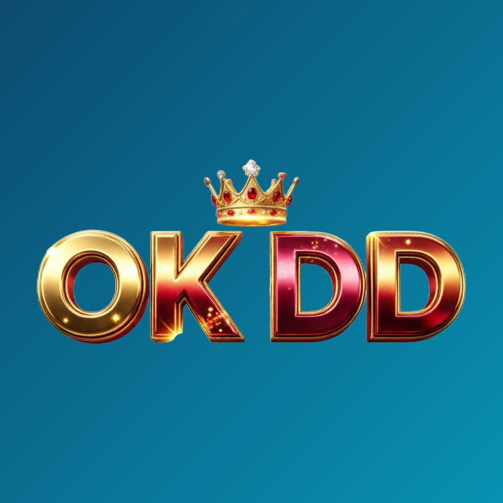 Dynamic casino-style logo for OK DD featuring massive bold lettering in bright gold and crimson colors with a glowing crown and sparkling light effects on a transparent background