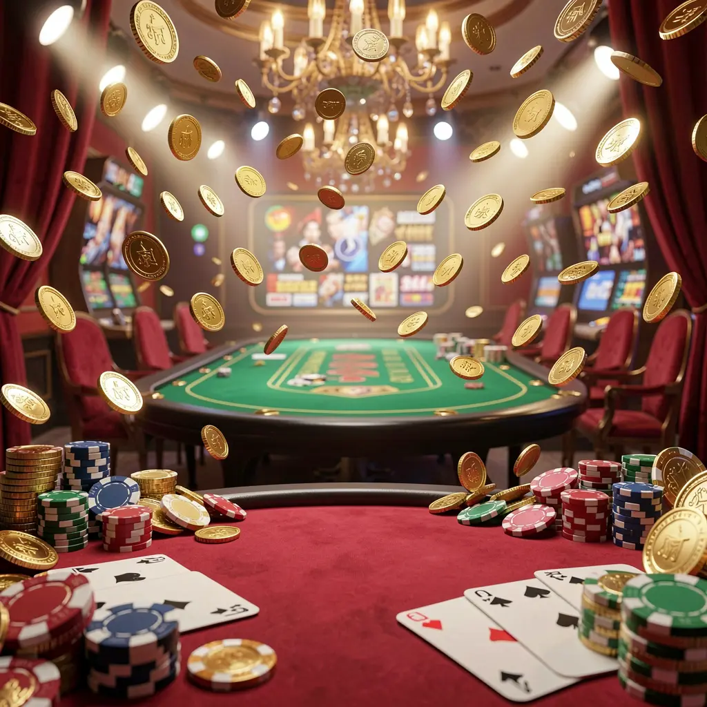 OK DD online gaming platform homepage banner featuring bright casino lights with golden coins raining, poker chips and playing cards in the foreground, set in a luxury red and gold atmosphere with high detail 3D render